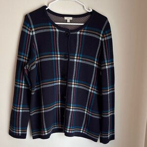 Talbots Multicolor Striped plaid tartan knit cardigan navy Sweater Womens size X